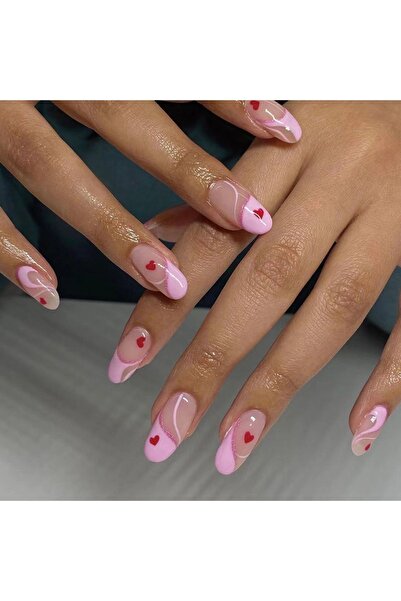 TipsArt Kalpli Simli Pembe French'li Badem 24’lü Takma Tırnak Seti ve Zararsı...