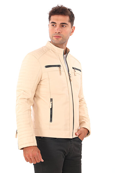 db deriburada original New Biker Model Men's - Cream Genuine Leather Coat