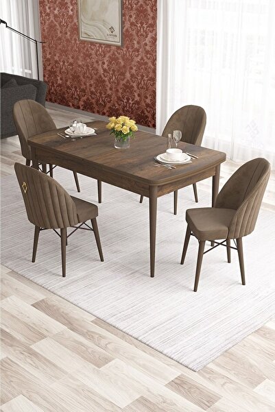 Canisa Elf Serisi 80x132 Açılabilir Barok Ahşap Desen Masa Takım Ve 4 Kahvere...