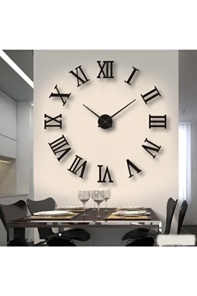 Platin Saat 3d Siyah Büyük Boy Roma Rakamlı Yapışkanlı Duvar Saati