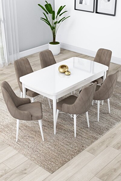 Canisa Lia Serisi, 80x132 Açılabilir Mutfak Masa Takımı Beyaz Masa 6 Cappucin...