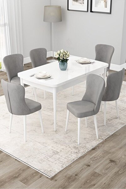 Canisa Due Serisi 80x132 Açılabilir Beyaz Yemek Odası Takımı Ve 6 Gri Sandalye