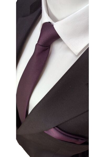 Elegante Cravatte Kırmızı - Mürdüm - Lacivert Renk 3'lü Armürlü Kravat Ve Mendil Set
