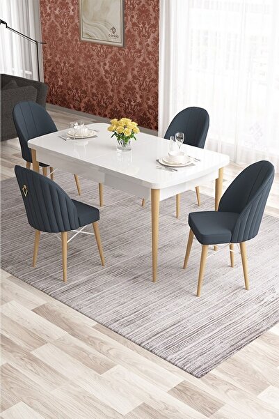 Canisa Elf Serisi 80x132 Beyaz Masa Doğal Ahşap Ayak 4 Antrasit Sandalye Gold...