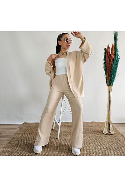 İpli Wide Leg and Stone Colored Kimono Set