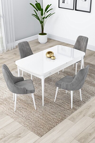 Canisa Lia Serisi 80x132 Açılabilir Mutfak Masası Takımı Beyaz Masa 4 Gri Sandalye