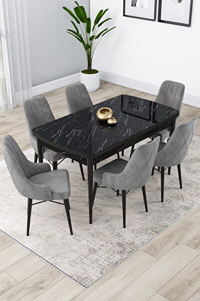 Canisa Lia Serisi 80x132 Açılabilir Mutfak Masası Takımı Siyah Mermer Desen M...