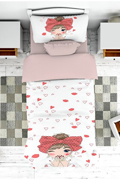linazaitun Baby and Children's Room Kiss Patterned Girl's Bedspread and Pillo...