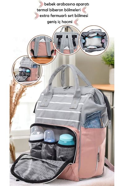Sahra SPOT-PROOF WATERPROOF STRIPED MOTHER BABY CARE BACKPACK GRAY-POWDER