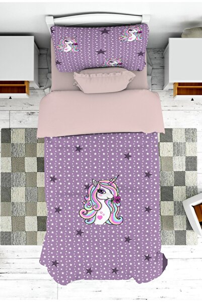 Genel Markalar Bebek ve Çocuk Odası Unicorn Desenli Kız Çocuk Yatak Örtüsü ve...