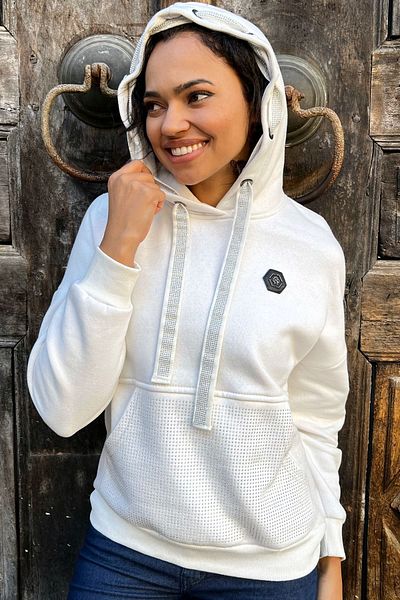 RICH GLAM Hanorac de damă din bumbac ecru - Detaliu Crystal Stone, buzunar fleece și hanorac