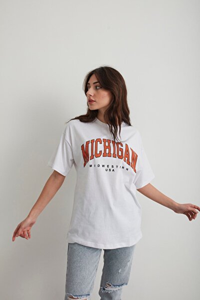 Mad&Calf Γυναικείο μπλουζάκι Oversize με στάμπα Michigan