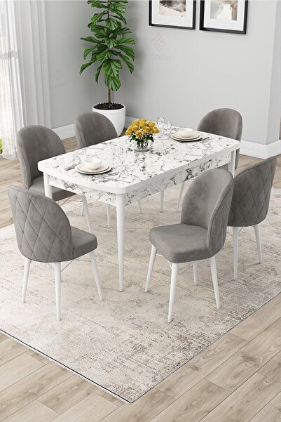 Canisa Rut Serisi Açılabilir 80x132 Beyaz Mermer Desen Yemek Odası Takımı Ve ...