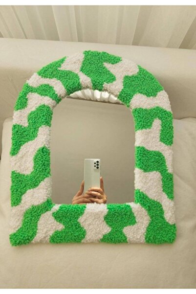 Sima Tufting Rug Ayna Dalgalı Yeşil Beyaz Desenli El Yapımı Özel Tasarım Çok Amaçlı Makyaj Aynası