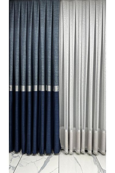 Erdoğanlar Koza Blue Background Silver Belt Striped Background Curtain Single Wing 1/3 Close Pleat