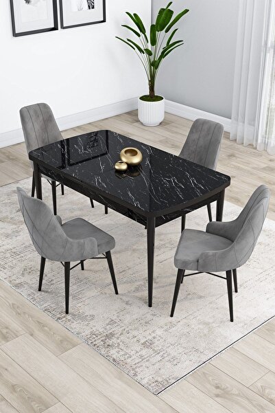 Canisa Kar Serisi 80x132 Açılabilir Mdf Mutfak Masası Takımı 4 Gri Sandalye