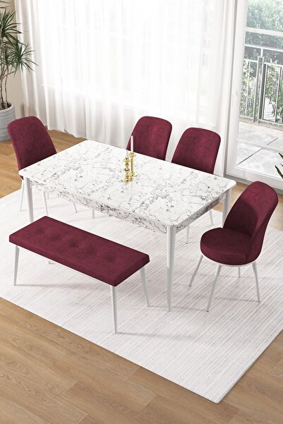 Canisa Pir Serisi 80x130 Sabit Beyaz Mermer Desen Mutfak Masa Takımı 4 Bordo ...