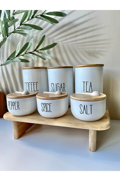Mottogo 6 Pieces with Bamboo Stand - 3 Pieces of Spice Measure Spoons with Bamboo Lid Tea | Coffee | Sugar | Pepper | Salt | Spice