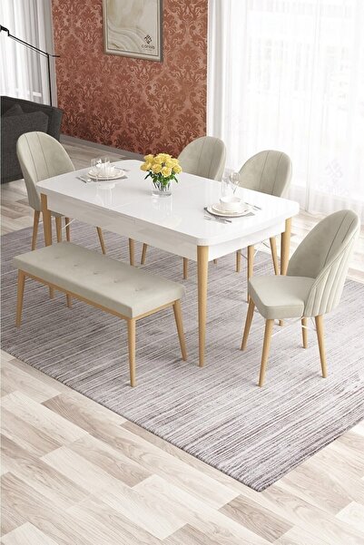 Canisa Elf Serisi 80x132 Beyaz Masa 4 Mürdüm Sandalye 1 Bench Gold Halka Mutf...