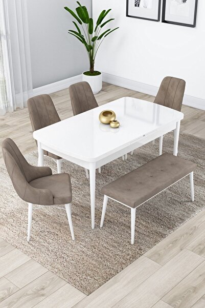 Canisa Lia Serisi 80x132 Açılabilir Mutfak Masası Takımı Beyaz Masa 4 Cappucino Sandalye 1 Bench