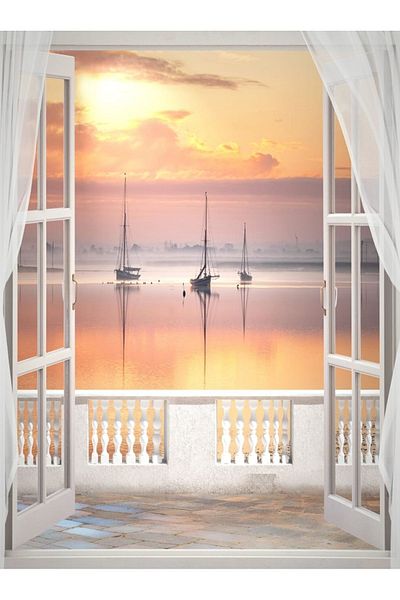 Elmas Dizayn Orange Gray White 3D Digital PrinteD LanDscape - 140cm*240cm, Double BlaDes, 2 BackgrounD Curtains