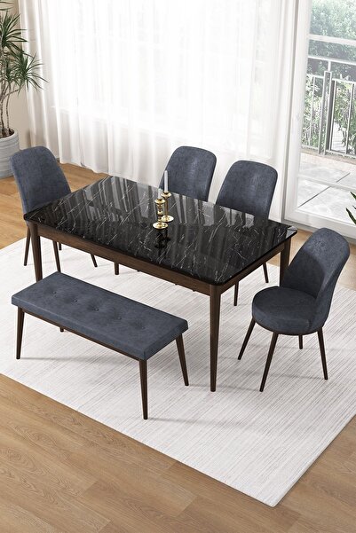 Canisa Pir Serisi 80x130 Sabit Siyah Mermer Desen Kahve Ayak Masa Takımı 4 Fü...