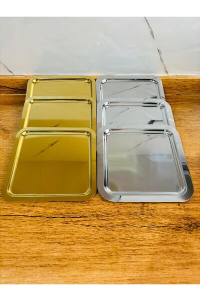 BİMOTE 3 Gümüş 3 gold Paslanmaz Çelik 21x21cm Kare Çay, Kahve, Pasta Servis Tepsisi Dekoratif Sunum Tepsisi