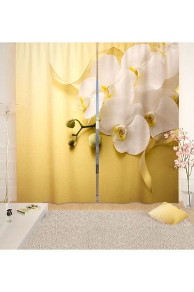 Elmas Dizayn Yellow anD White Flower PatterneD OrchiD - 3D Digital Printing, Double Wings, 140*240cm, 2 BackgrounD Curtains