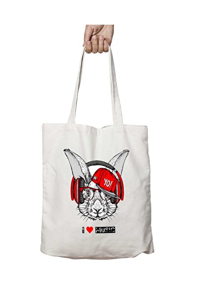 ART HEDİYE Rabbit Printed Two Sided lasting Shoulder Tote Bag listening to Mu...