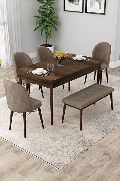 Canisa Rut Serisi Açılabilir 80x132 Barok Ahşap Desen Yemek Odası Takımı 4 Cappucino Sandalye 1 Bench
