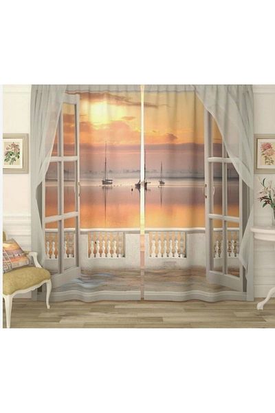 Elmas Dizayn Orange Gray White 3D Digital PrinteD LanDscape - 140cm*240cm, Double BlaDes, 2 BackgrounD Curtains