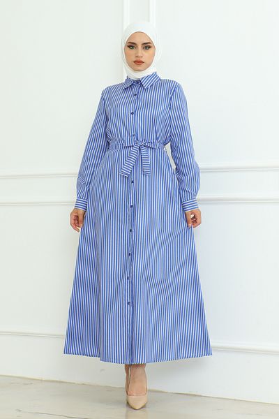 Eliva Saks Blue White Striped Satin Hijab Dress - with Sash Belt