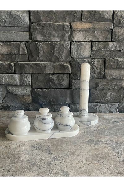 Polen Stone Lilac Marble 5-Piece Kitchen Set, Sauce Bowl and Tissue Holder