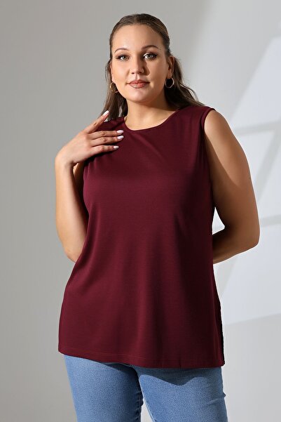 Şiir Claret Red Jaspers Women's Blouse - Side Slit and Devore Detail, Plus Size, Front/Back Use