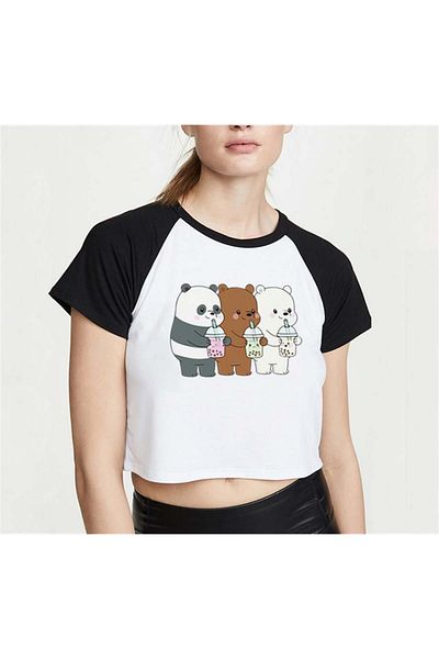 GOSSİP TEAM We Bare Bears Printed - White Crop Raglan Sleeve