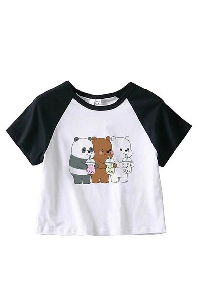 GOSSİP TEAM We Bare Bears Printed - White Crop Raglan Sleeve