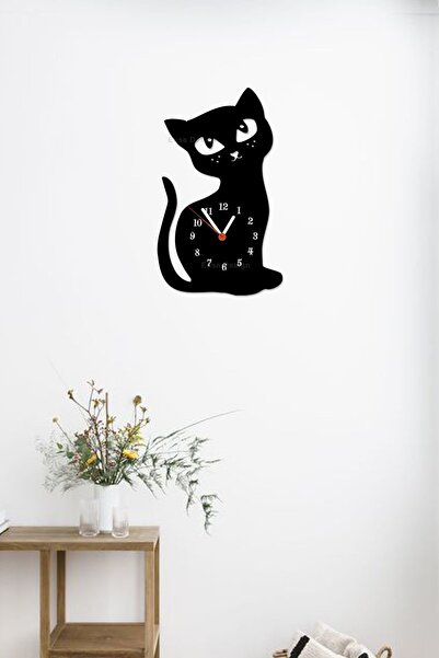 Ensa Design Kedi Figürlü Ahşap Duvar Saati ,  Kedi Motifli Saat 40x25cm