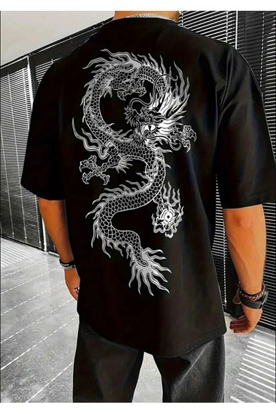 Duples Tricou oversize cu mânecă scurtă cu imprimeu digital Dragon
