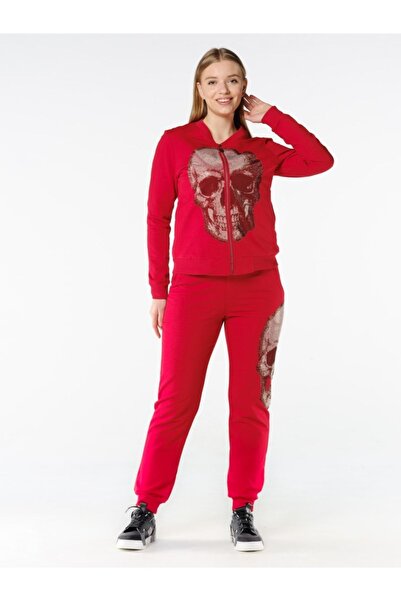 RICH GLAM Plus Size Red Skull Crystal Stone Zippered Plus Size Women's Tracksuit