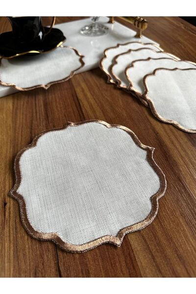 Nurhanhome 6 قطع من قماش الكتان الفاخر بحواف مطرزة ومنديل تقديم الكوكتيل من جانب القهوة