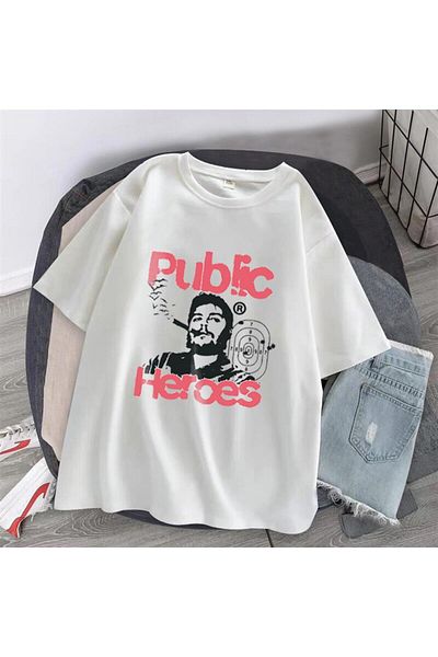 GOSSİP TEAM Унисекс тениска с щампа Gossip Team - Public Heroes, голям размер, бяла