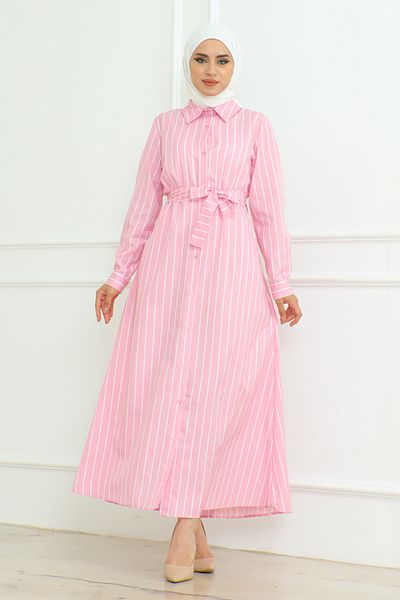 Eliva Rochie Roz Satin Albă Dungă - Rochie Hijab cu centură
