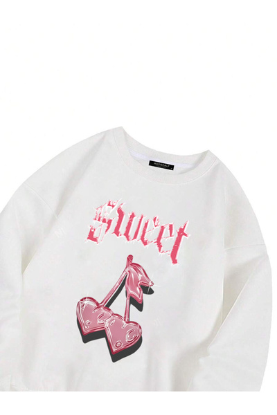 Mad&Calf Unisex Sweet Cherry Printed Oversize Sweatshirt - Fleece