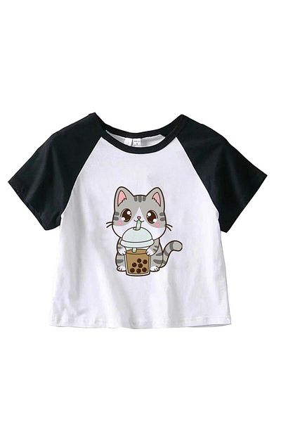 GOSSİP TEAM Gossip Team - Crop elegant cu raglan alb cu imprimeu de pisici