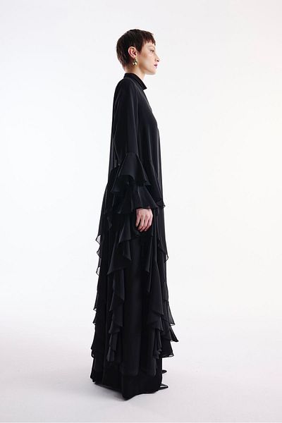 Nuum Design Chiffon Abaya with Flywheel Detail Black + Shawl