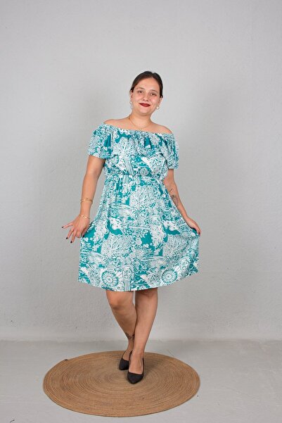 Truva XXL Turquoise Patterned - Large Size Women's Dress with Madonna Collar and Elastic Waist