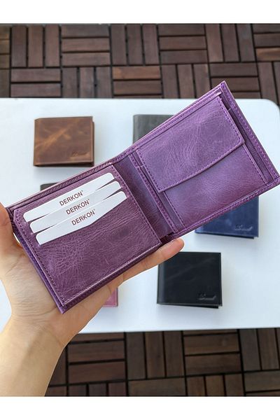 DERKON 100% Genuine Crazy Leather Morry Model Wallet Purple
