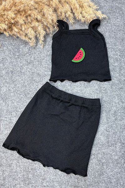 ADABEBEK Black Crop Skirt and Top Set - Watermelon Accessory, Rope strap