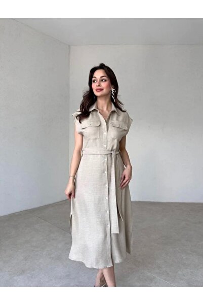 Afiş Butik Bej Keten Kuşaklı Gömlek Yaka Düğmeli Elbise