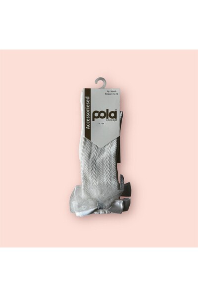 Pola Cotton Knee Socks - Baby Cream, Patterned and Bow, Accessory No 6